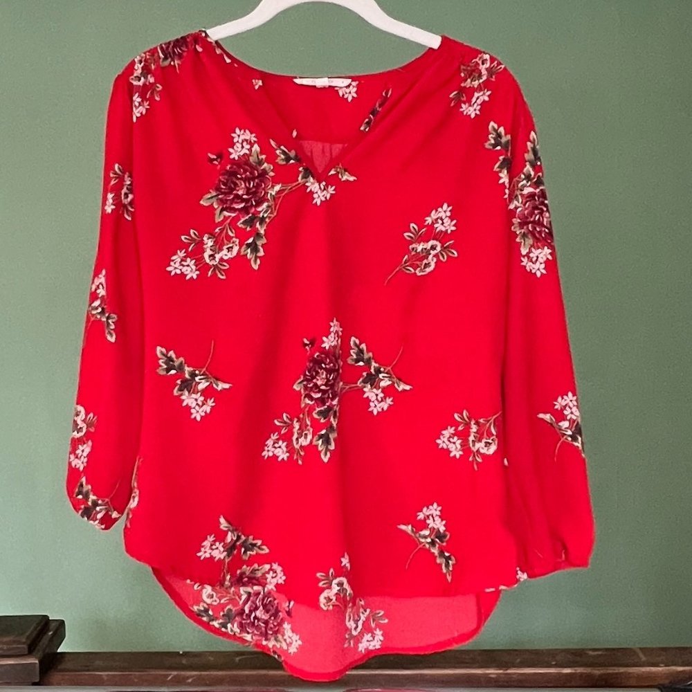 fun2fun Red Floral Long-Sleeve Blouse Sz S